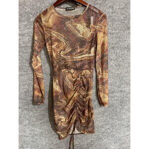 PRETTYLITTLETHING Dress Womens 4 Brown Tie Dye Bodycon Mini Long Sleeve Ruched